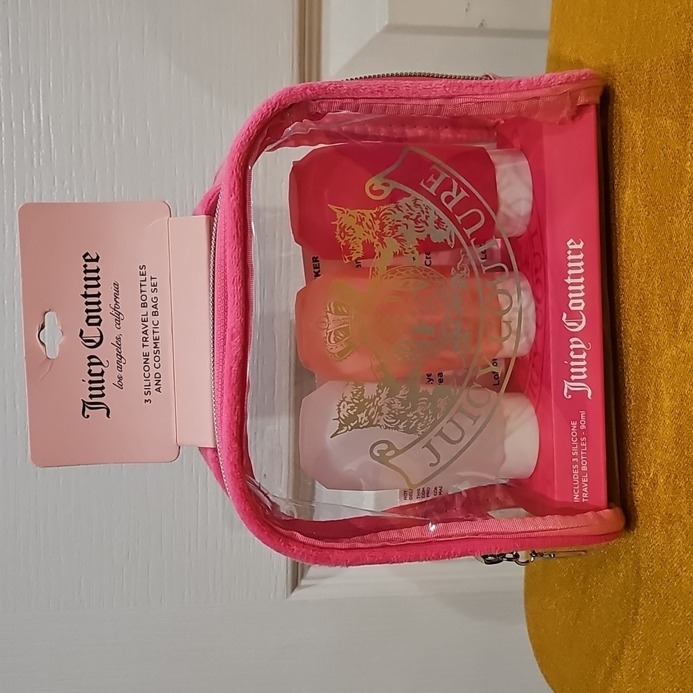 Juicy Couture Clear Cosmetic Bag set with 3 Silicone Travel Bottles NWT